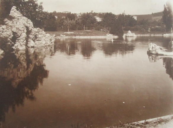 Parco Regina Marcherita - Collezione Biblioteca Comunale G. D. Romagnosi: Il laghetto dei cigni, oggi l'area verde è denominato Parco Mazzini (Album Municipio di Salsomaggiore, le provvidenze del Comune in ordine di servizi pubblici)