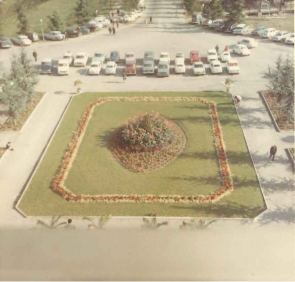 Terme di Tabiano - Collezione Biblioteca Comunale G. D. Romagnosi: Anni '60 del Novecento - La grande aiuola e il parcheggio antistante lo stabilimento termale