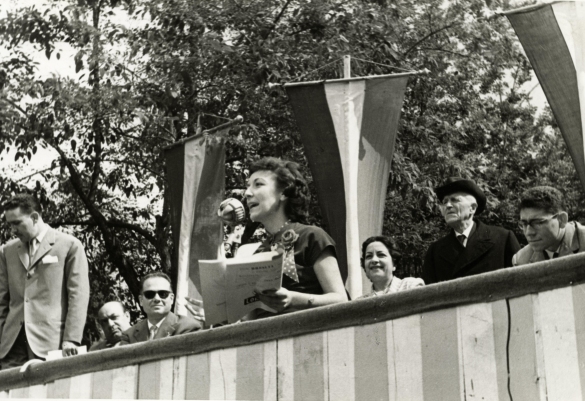 1956 Corso dei Fiori - Collezione Biblioteca Comunale G.D. Romagnosi: Giugno 1956 - Il palco della giuria con gli ospiti e la presentazione dei carri in sfilata