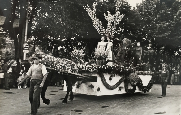 1952 Corso di Fiori - Collezione BIblioteca G.D.Romagnosi: Giugno 1952 - n. 20 Ragazze e fiori, carro medio trainato da un cavallo