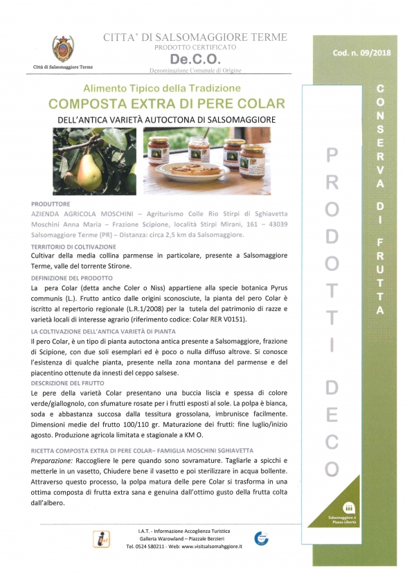 PRODOTTI DECO - Composta Extra di Pere Colar: Composta Extra di Pere Colar prodotto dall'azienda Colle Rio Stirpi di Scipione, alimento tipico del territorio