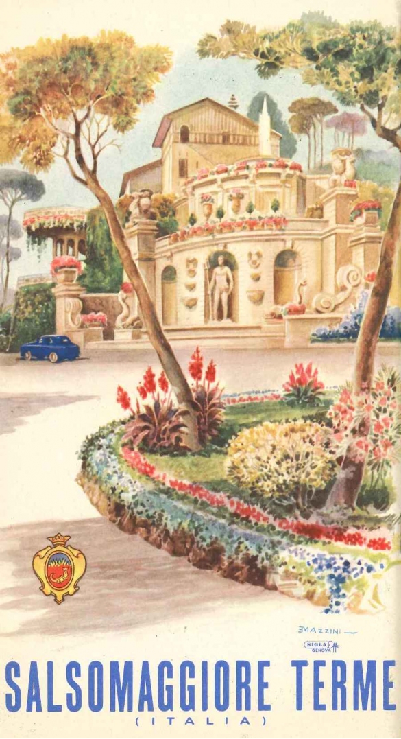 Brochure storica di Salsomaggiore Terme: Anni '50 del Novecento - Copertina di un dépliant storico che pubblicizzava le acque termali di Salsomaggiore Terme