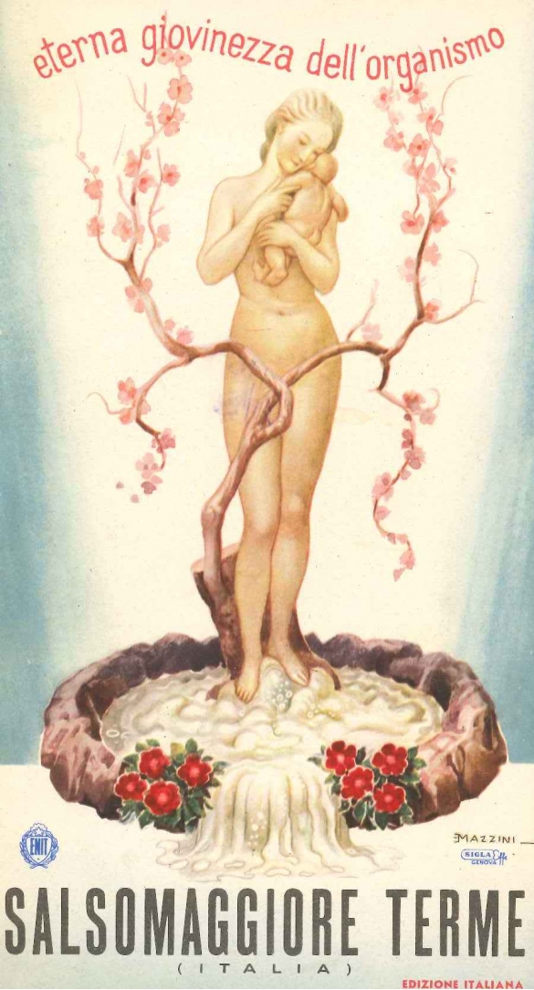 Brochure storica di Salsomaggiore Terme: Anni '50 del Novecento - Copertina di un dépliant storico che pubblicizzava le acque termali di Salsomaggiore Terme