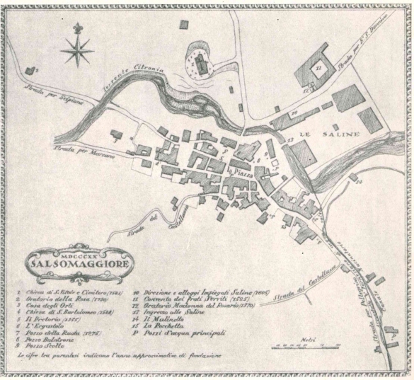 Salsomaggiore Terme, mappa del 1820: Tratta dal testo: Primo centenario delle cure, 1839-1939 ... (nota: da una vecchia stampa)