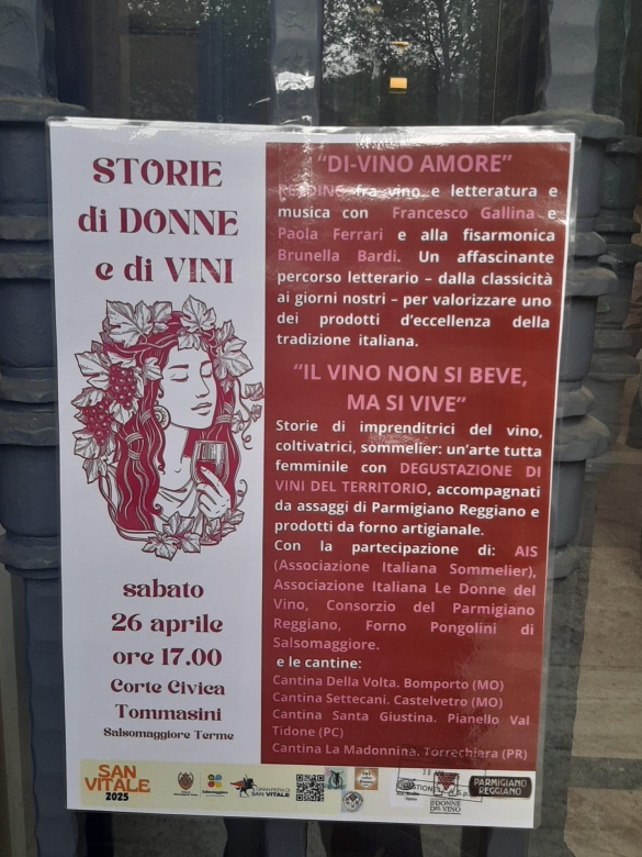 San Vitale 2025: “Storie di donne e di vini del territorio”  (organizzato da Pro Loco e 365 volte donna, in collaborazione con: AIS, Associazione donne del vino, Consorzio del Parmigiano Reggiano, Forno Pongolini)